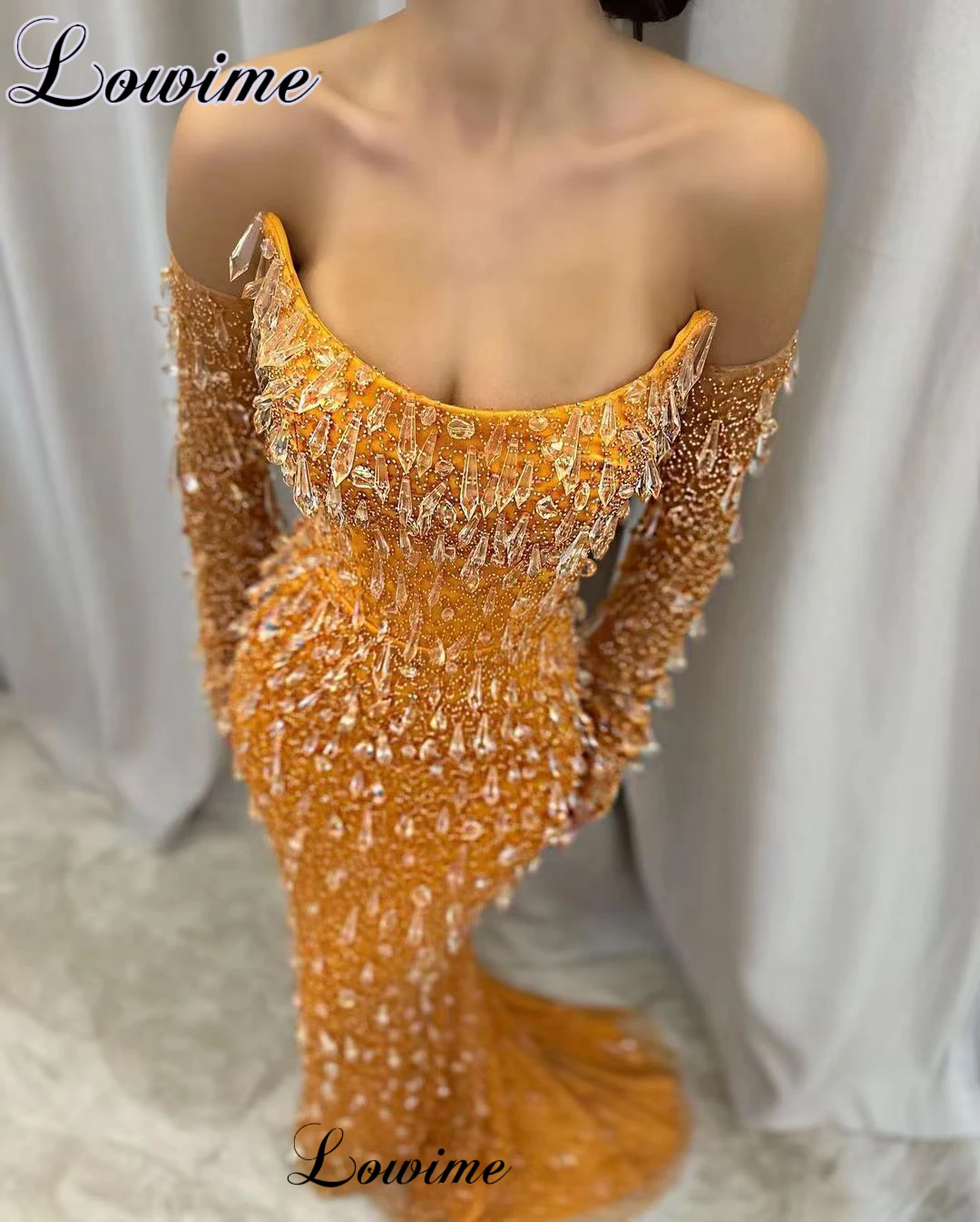 Crystals Orange Mermaid Evening Dresses Strapless Elegant Wedding Guests Dresses High Luxury Robes De Soirée Grand Party Gowns