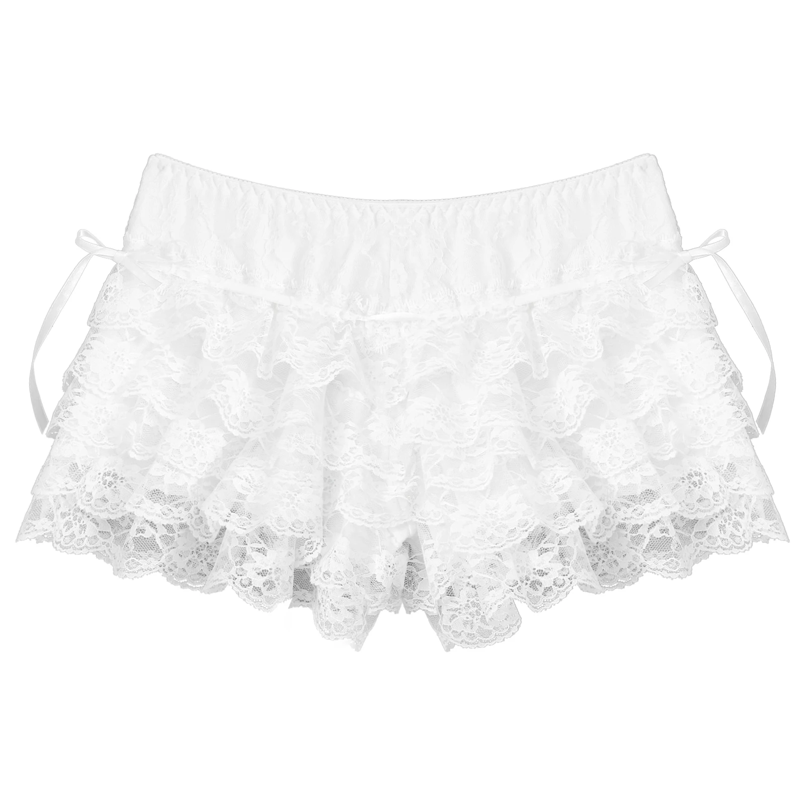 Women Lace Layered Ruffle Bloomers Shorts Lolita Bow knot Frilly Panties Bloomers Shorts Cute Knickers Safety Shorts Pettipants