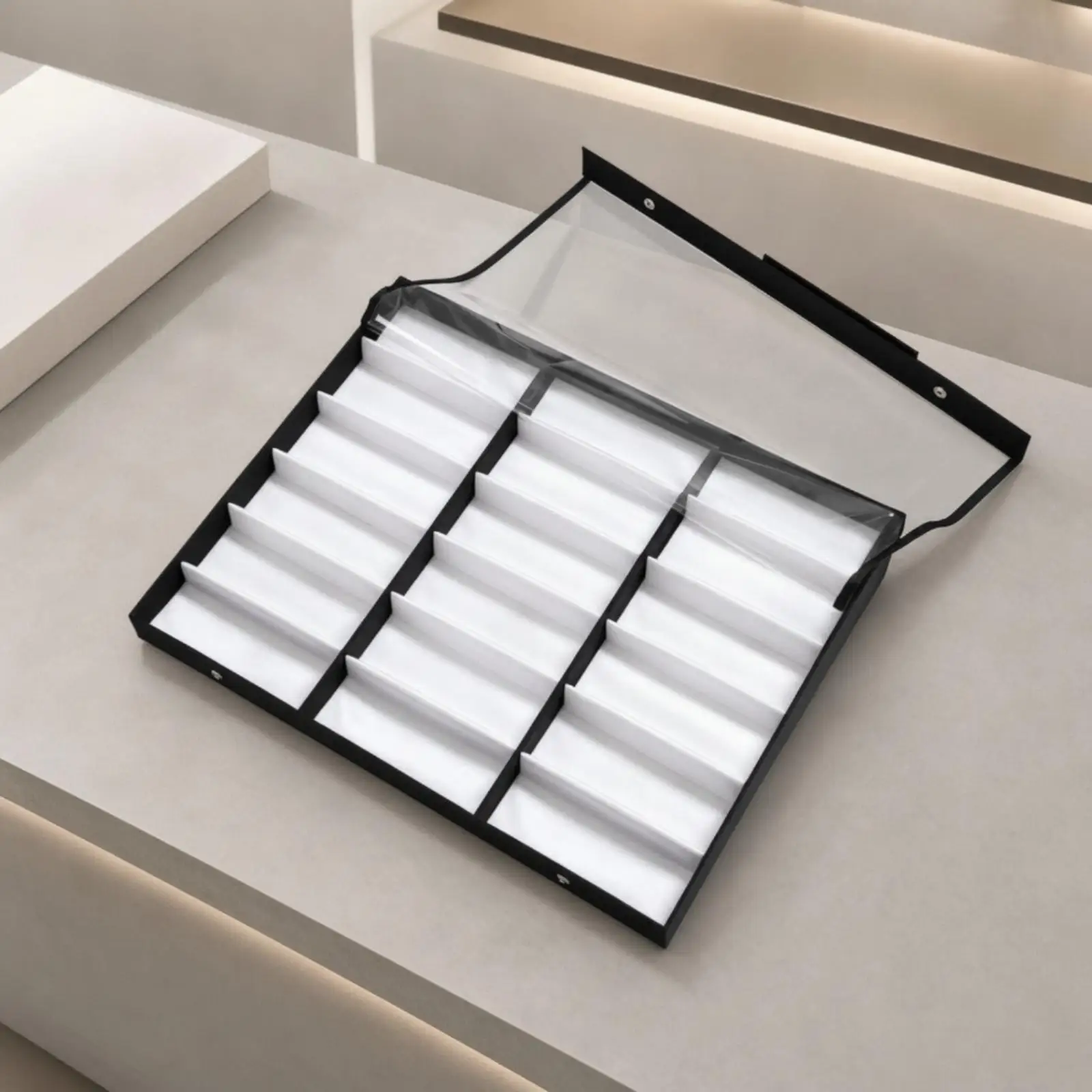Foldable Eyeglass Display Rack 18 Compartment Glasses Holder Box Clear Lid for Sunglasses Storage Organizer