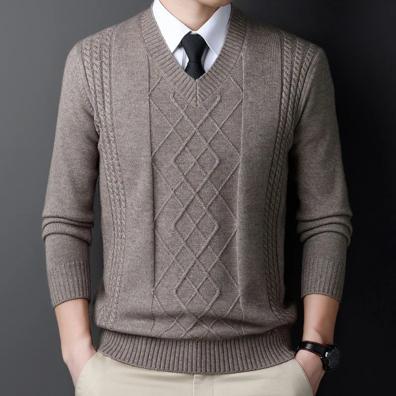 Suéter masculino de malha de alta qualidade, pulôveres de qualidade, casual, retrô, quente, inverno, decote em v, roupa inferior para homens de negócios