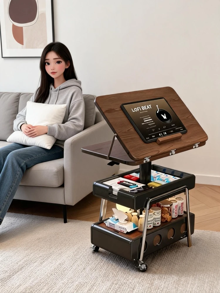 Mid-century Folding Side Table, 2-Tier Mobile Serving Cart, Bauhaus Lift Coffee Table, Retro Sofa Side Cabinet for Small Space