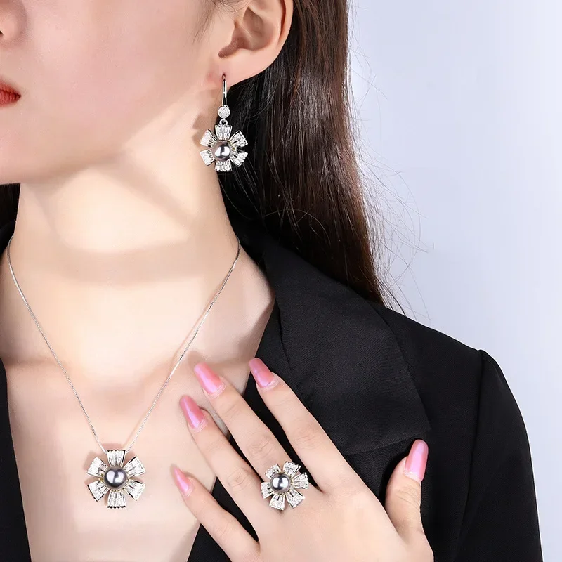 Vintage Tahitian Pearl Flower Daisy Hook Earring Necklace Adjustable Ring for Women Fashion Jewellery Charms Friends Gift Trendy