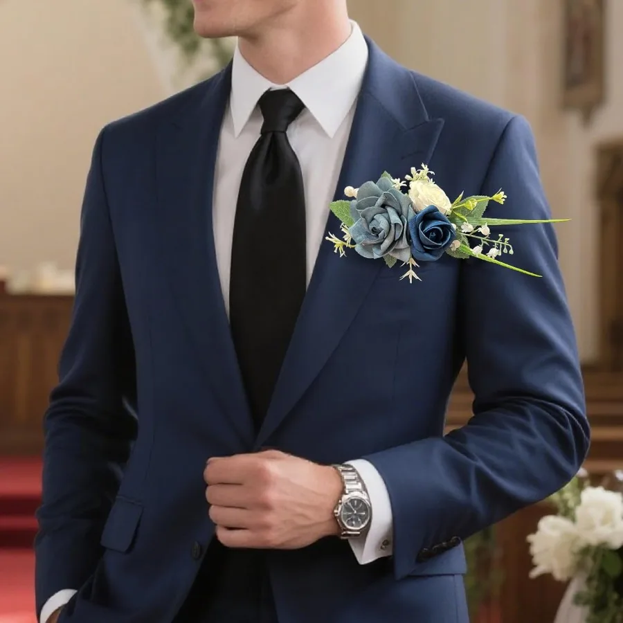 Boutonniere de bolso com flores de rosa azul empoeirado para homens, perfeito para casamento, noivo e padrinhos, ideal para baile de formatura, jantares formais, aniversário
