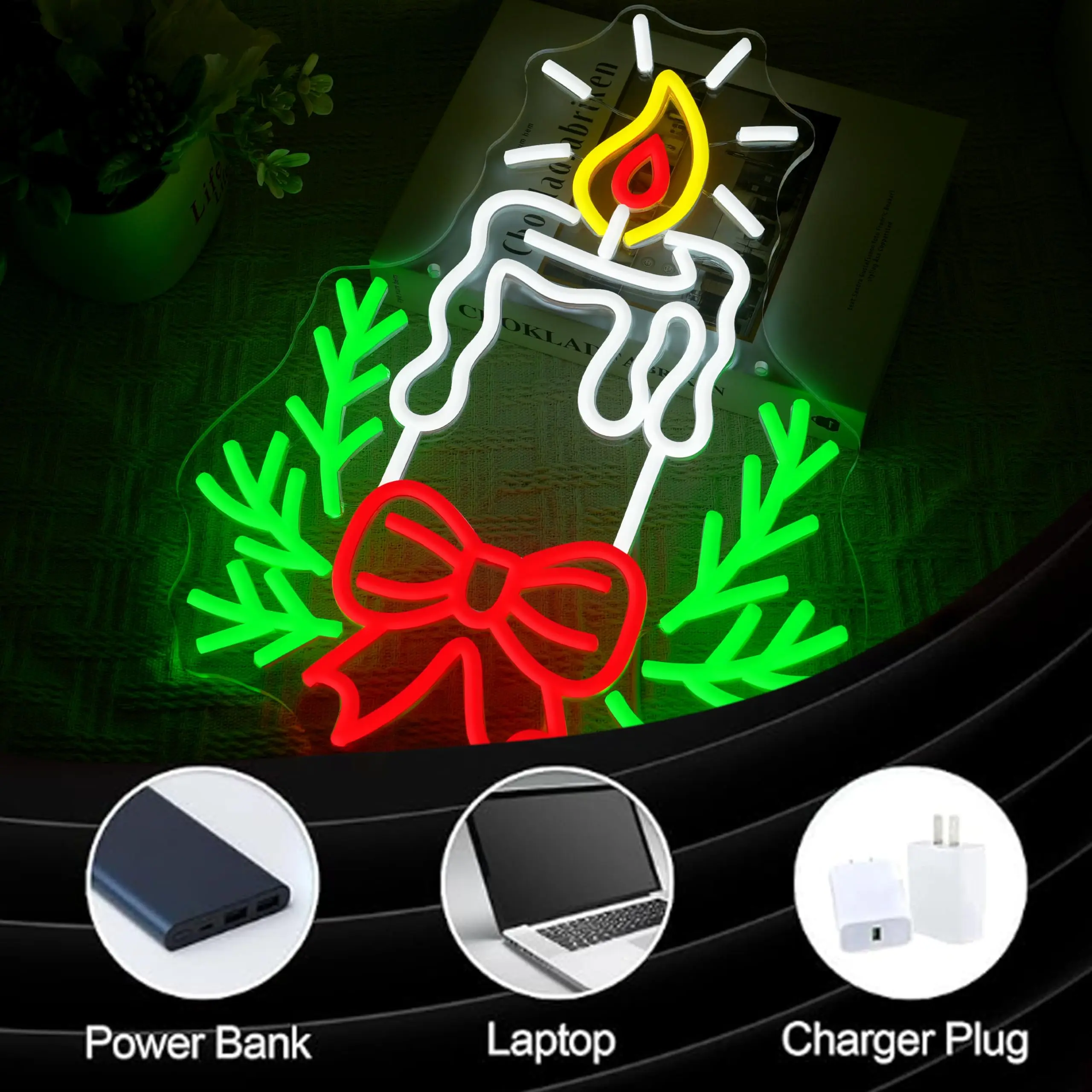 شمعة عيد الميلاد النيون تسجيل مع عكس الضوء التبديل عيد الميلاد القوس هولي ضوء النيون تسجيل للمنزل السنة الجديدة حفلة الكنيسة مخزن ديكور