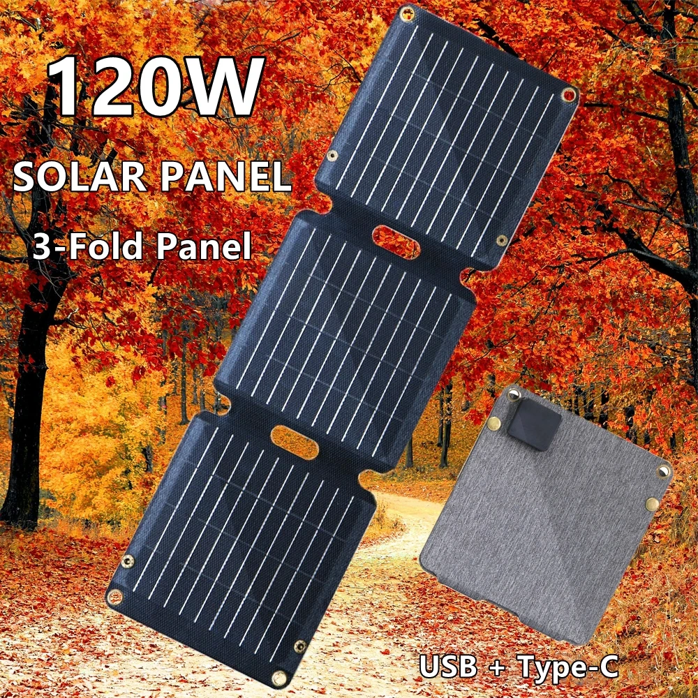 120W Folding Solar Panel Complete Camping Solar Power Bank Station Portable Generator Charger 5V USB Type-C for Car Caravan Camp