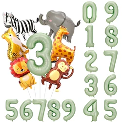 Jungle Safari Birthday Decors Foil Animal Balloon Sage Green Foil Birthday Number 0-9 Balloons Kids Safari Party Supplies Favors