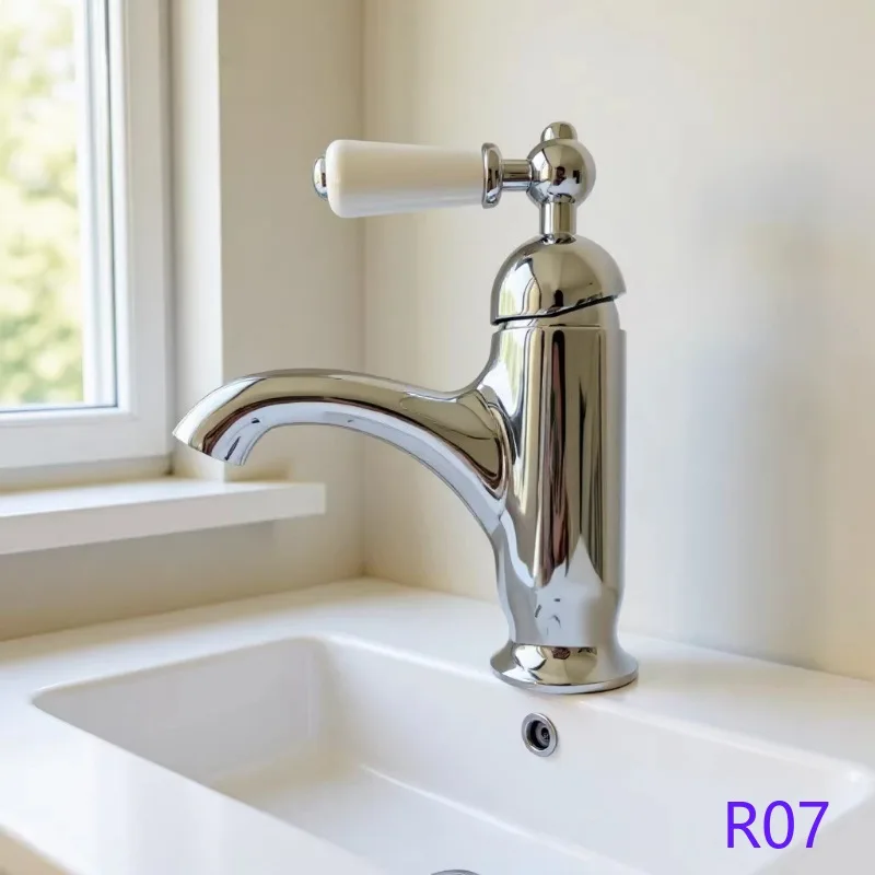 New British Silver French Retro Solid Brass Basin Faucet Gold Ceramic Handle