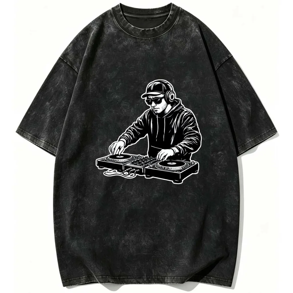 CLOOCLRetro Style Dj Playing Turntables With Headphones Printed TShirts Vintage Distressed Summer Tees Casual Tops Mens Clothing