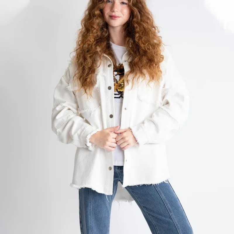 Women's Autumn Spring Top Coat Shirt Denim Embroidery Lapel Solid Color Simple New Casual Design Fashion Niche Versatile Skinny