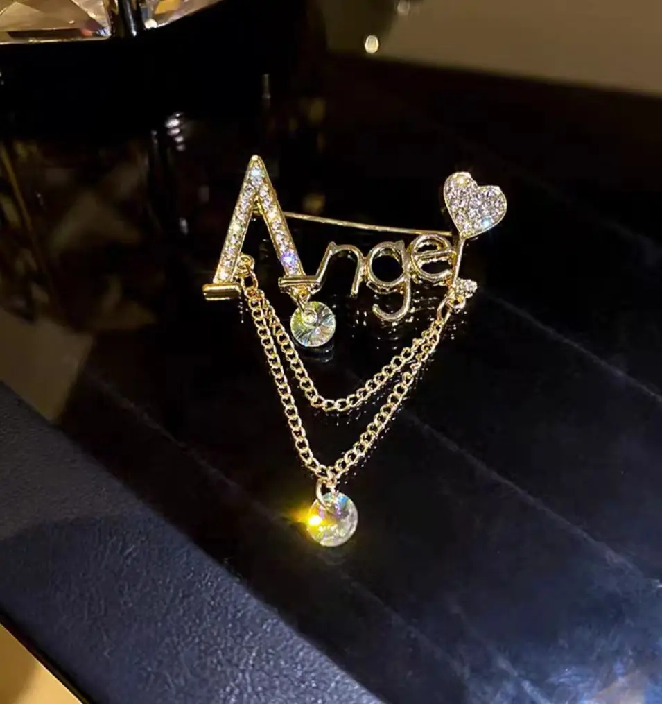 New Crystal Letter Long Tassel Chain Angel Heart-Shaped Brooches For Women's Elegant Luxury Clothing Accessories Jewelry Gifts