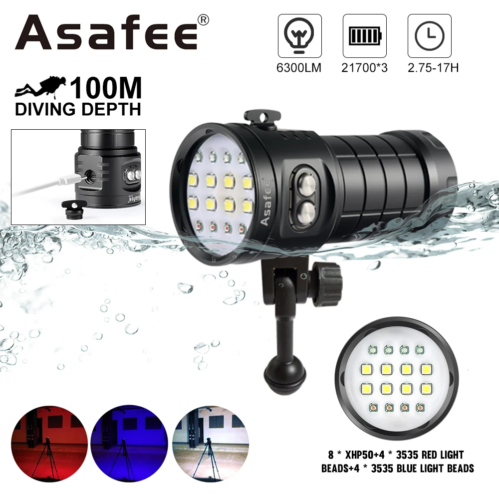 Asafee C16 Underwater Photography Flashlight 6300Lumen White Red Blue Video Fill Light Torch Underwater Diving Lamp