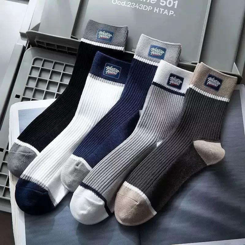 

5 pairs of men's spring autumn mid-term socks simple letter stripes trendy casual socks for all seasons simple comfortable