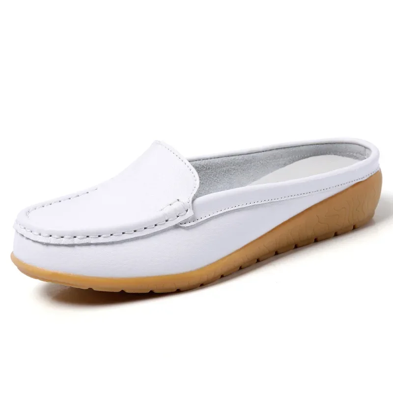 Summer Genuine Leather Women Flats Hollow Slip On Leather Loafers Ladies Shoes Korean Style Soft Moccasins Half Slippers Size 43