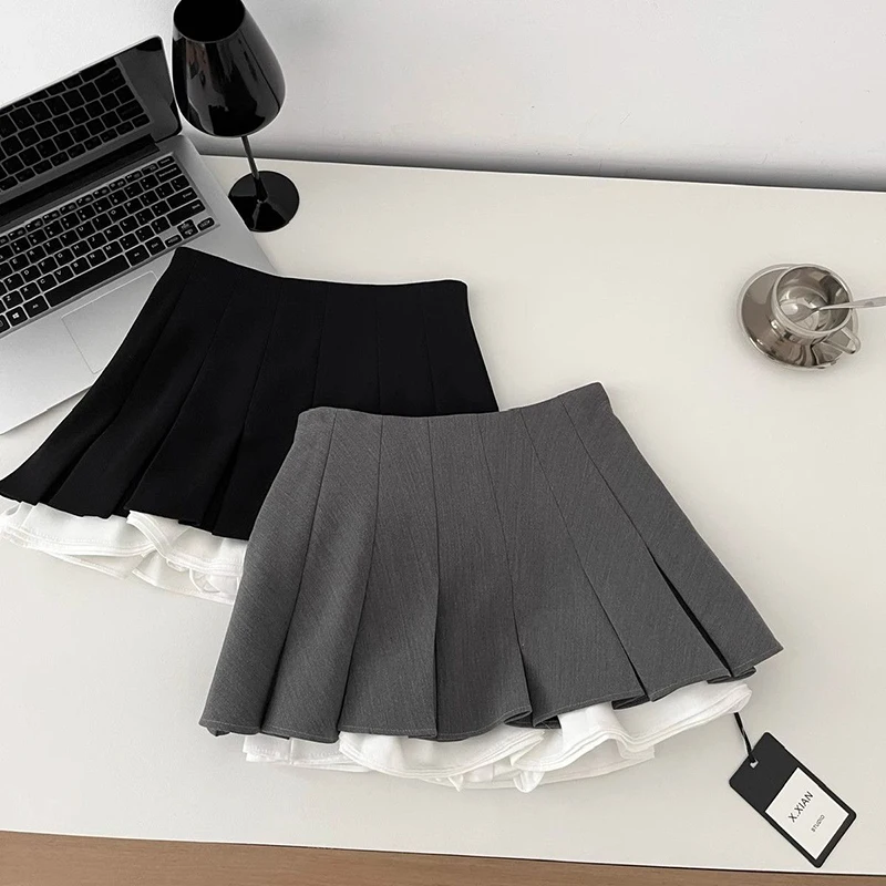 

Y2K Black Pleated Skirt Women Korean Vintage Chic Ruffles Mini Skirt Grey Cute Patchwork High Waist A Line Skirt Female New