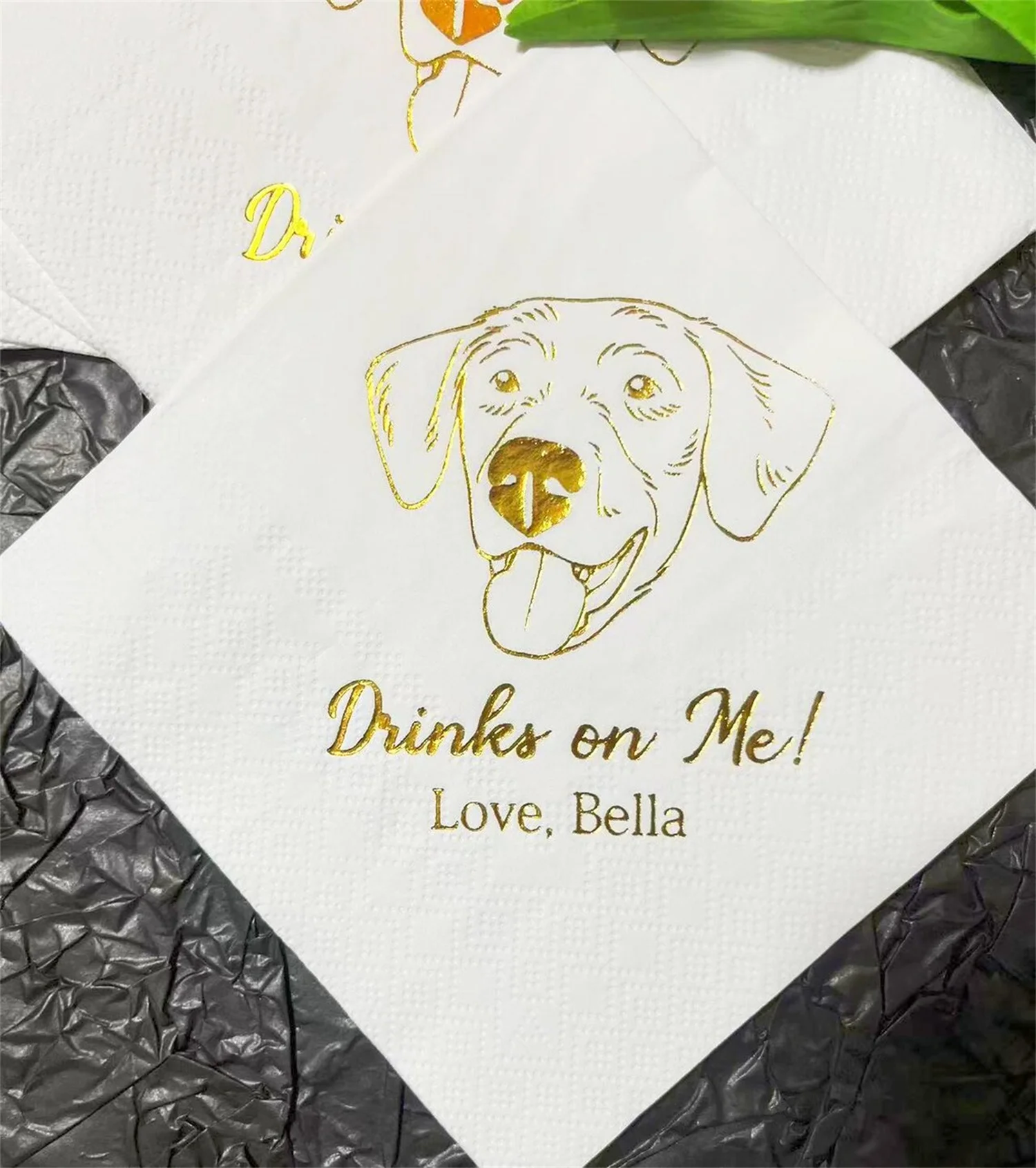 50 PCS Custom Illustrated Dog Foil Wedding Napkins, Personalized Pet Cocktail Napkins, Custom Pet Party Napkins, Dog Gold Foil B