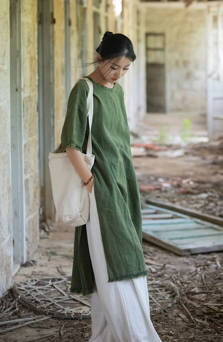 Frayed Ramie Dress Women Vintage Loose Fit 1/2 Sleeve Slit Tunics Retro  Clothes - AliExpress 200000345