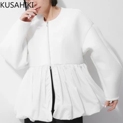 KUSAHIKI New Ruffled Patchwork Cardigan Zipper Hoodie Pullover Top Jacket 2024 Causal Round Neck Sweatshirt Coat