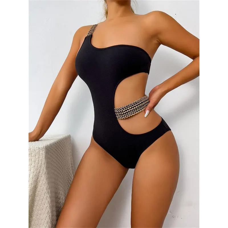 Sexy Bandage One Piece Swimsuit Women Glitter Belt One Shoulder Push Up Swimwear Padded Cut Out Monokini High Waist Bathing Suit