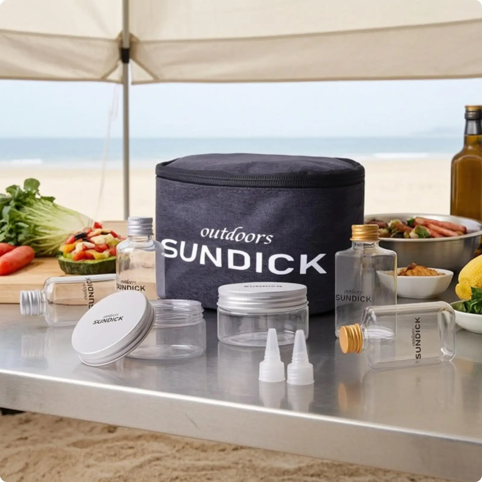 Durable Cationic Fabric Seasoning Pouch for Camping with Portable Condiment Bottles and Jar Set