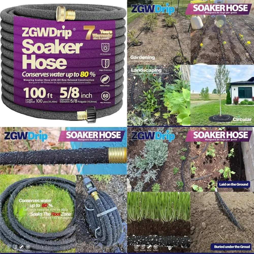 

Heavy Duty 100FT Soaker Hose - Brass Connectors, Ultra-Flexible Drip Irrigation System for Gardens, Lawns, and Raised Beds