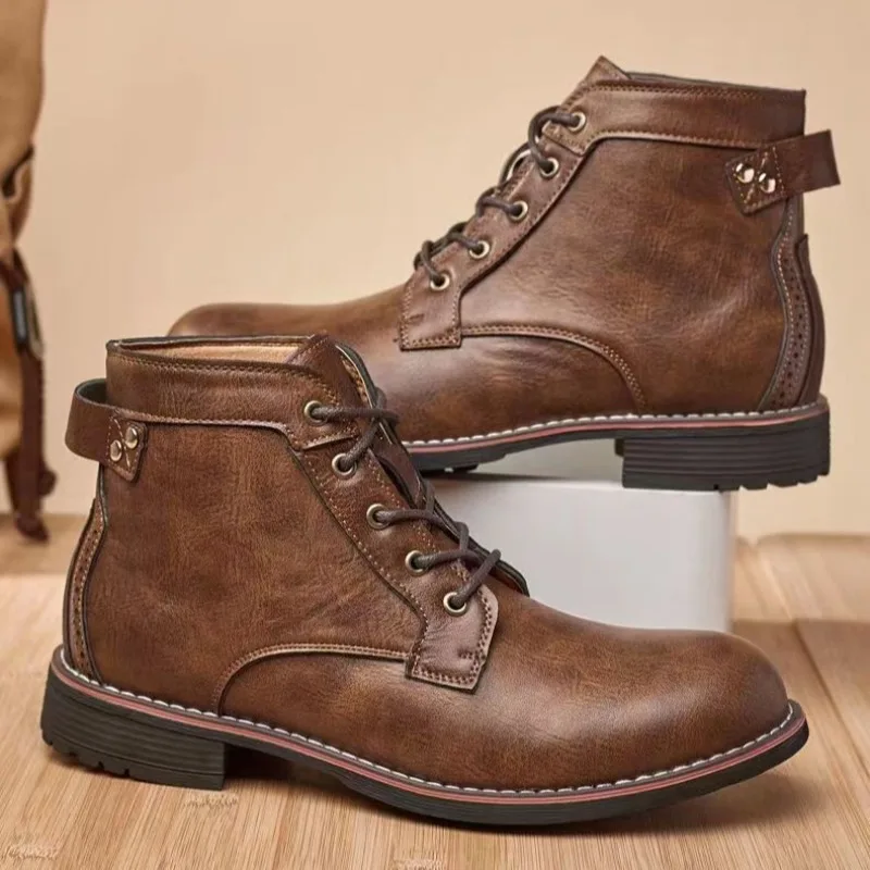 Leather Men Boots Retro Round Toe Ankle Boots Autumn Punk Street Style Chunky Motorcycle Boots Botines for Male botas masculino