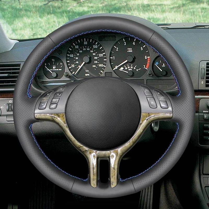 Black Artificial Leather DIY Hand-stitched Car Steering Wheel Cover for BMW 318i 325i 330ci E39 E46 X5 E53 Z3 E36/7 E36/8