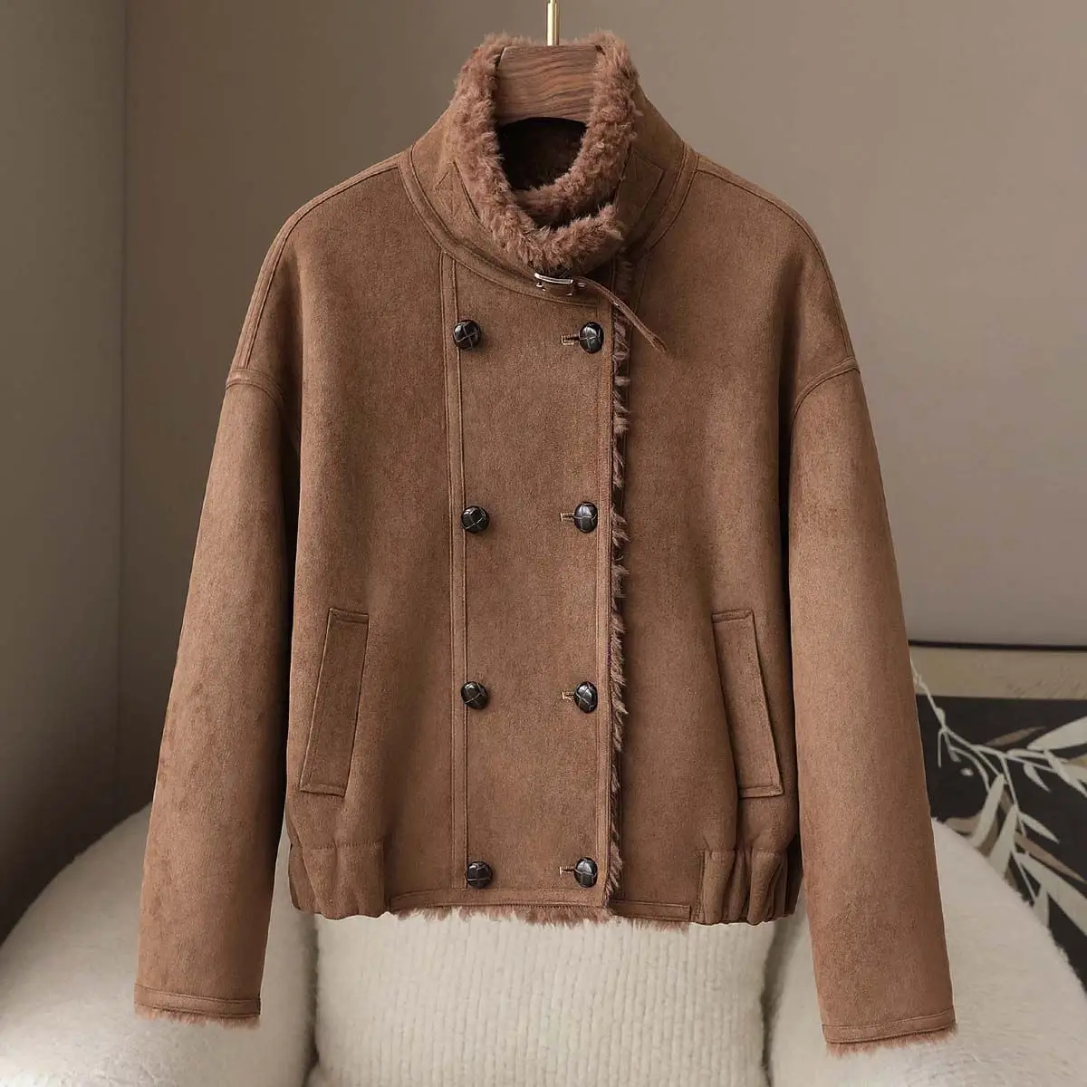 

2025 Autumn/winter New 100% Wool Granular Fur Coat Melad Lamb Hair Motorcycle Top