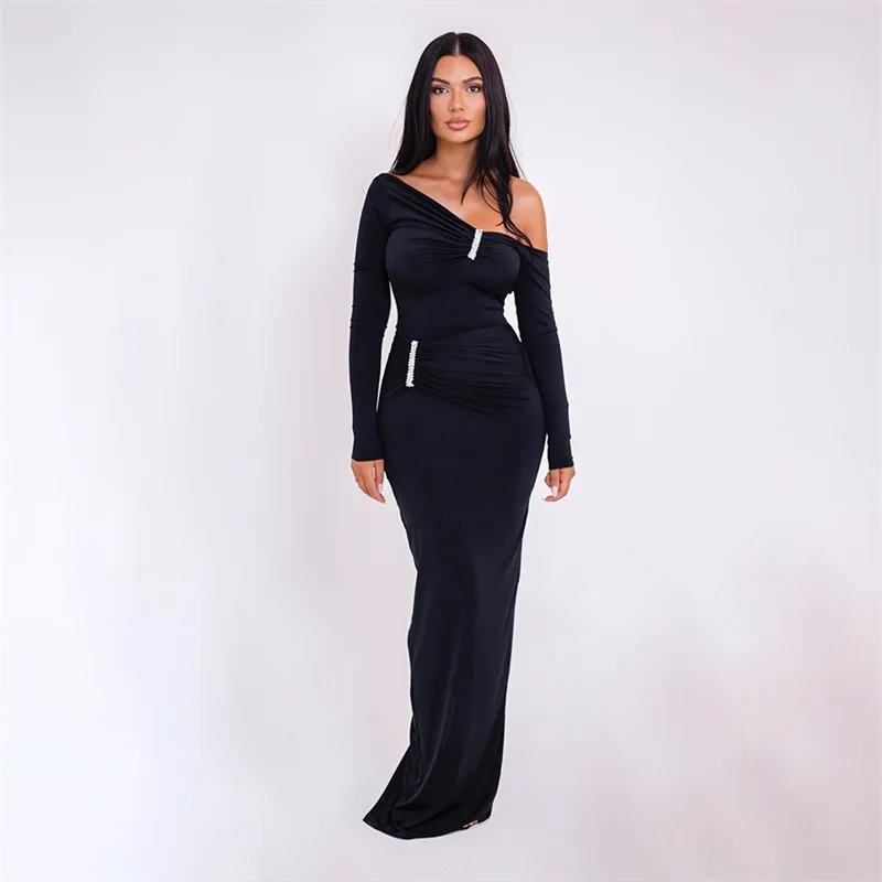 Crystals Black Women Prom Dress Sexy Backless One Shoulder Full Sleeves Formal Red Carpet Banquet Birthday Evening Gown