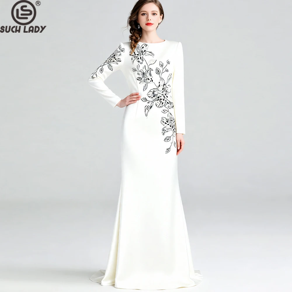 

French Style Elegant White Long Sleeve Floor-Length Sheath Evening Dress with Beaded Floral Embroidery and Rhinestone Accents