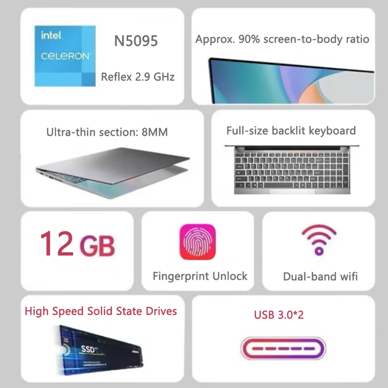 게이밍 노트북, 15.6 인치, 12GB 램, 2TB SSD 윈도우, 10 저렴한 학생 노트북, 지문 잠금 해제, 듀얼 와이파이, 2.4G, 5.0G