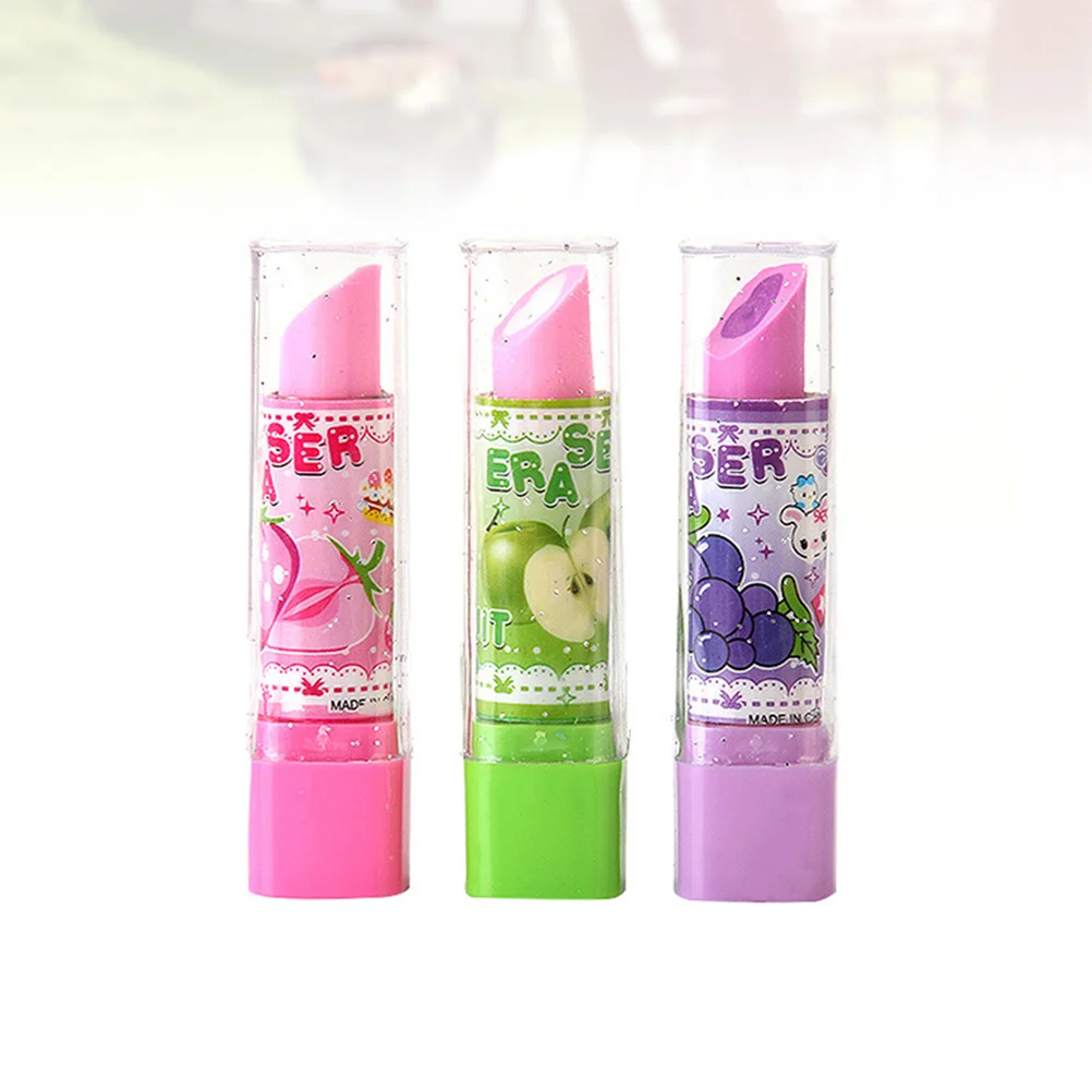 10Pcs Lipstick Erasers Creative Colorful Random Pencil Erasers for Students Cartoon Fruit Pattern Stationery Gift