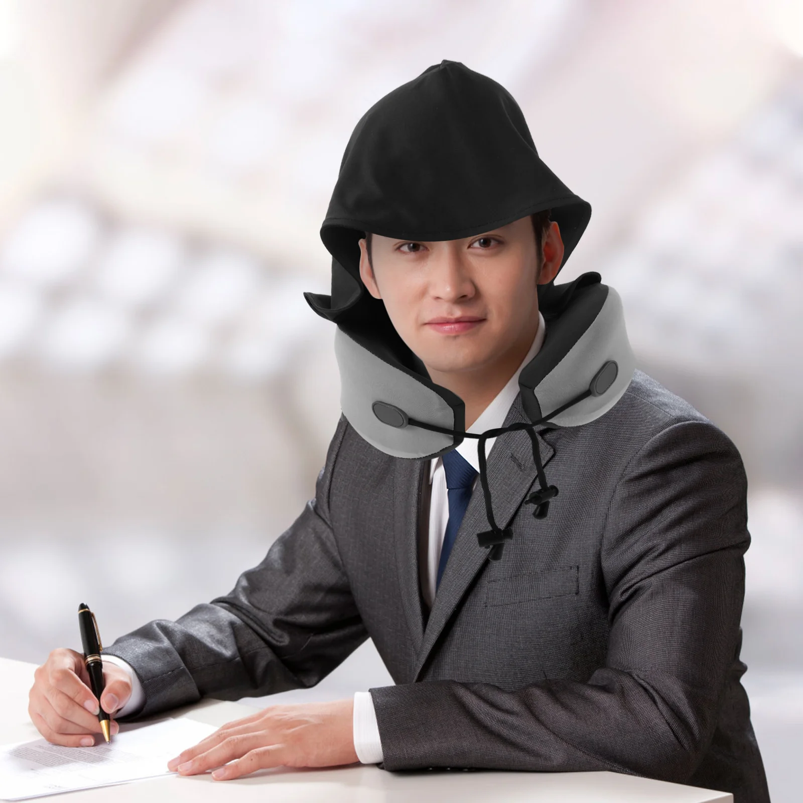 

U Shaped Memory Foam Travel Neck Pillow with Hood for Airplane Car Camping Office Use Portable Comfortable Support Sleep