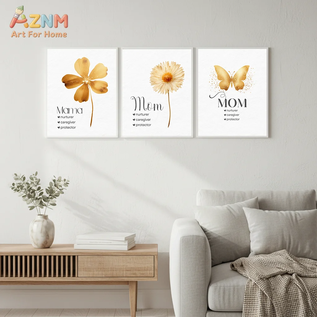 AZNM Golden Dried Flower Butterfly Mom Mama Quote Canvas Print Neutral Watercolor Floral Wall Poster Unframed Mother's Day Gift