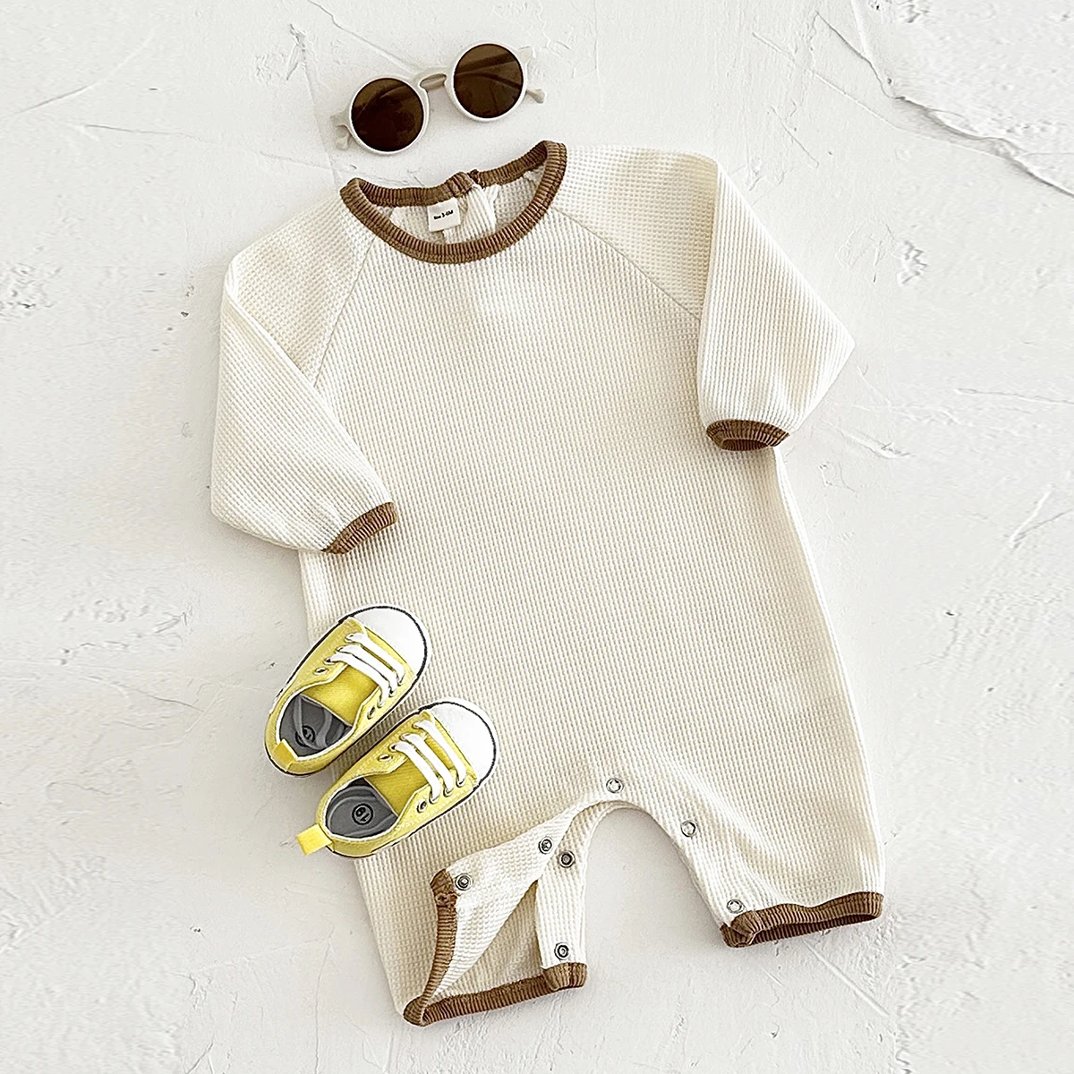 2024 Spring Autumn New Unisex Baby Bodysuit Long Sleeve Solid Color Spliced Boys Girls Creeper Newborn Baby Waffle Jumpsuit