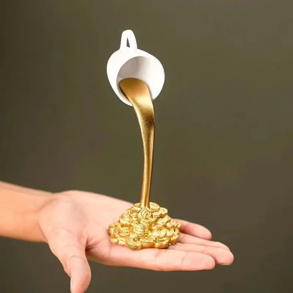 Liquid Gold Floating Mug Figure Coin Novelty Spilling Coffee Ornaments Pouring Funny Floating Coffee Cup Figurines Gift