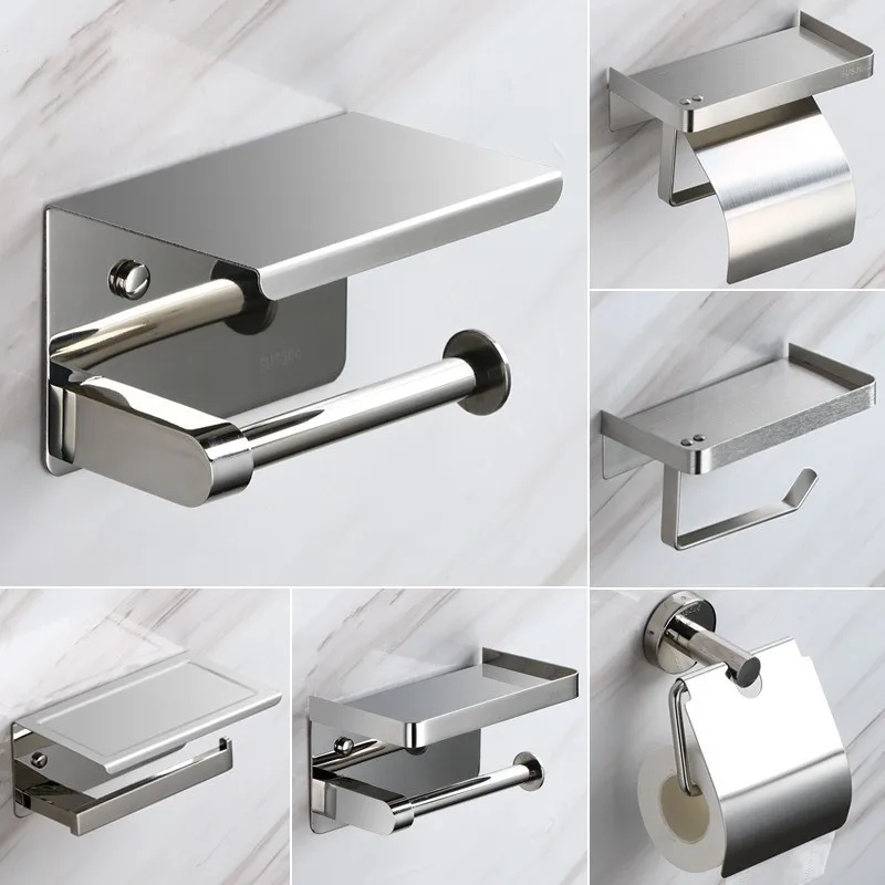 

304 Stainless Steel Toilet Paper Holder & Phone Shelf Wall-Mounted for Bathroom/Kitchen No Drill Household/Public Use