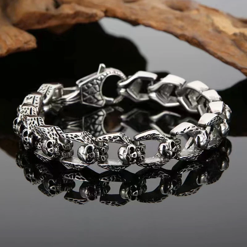 

12mm Punk Retro Black Skull Head Bracelet Men Gold Color Stainless Steel Skeleton Wrap Gothic Biker Halloween Bangle Jewelry