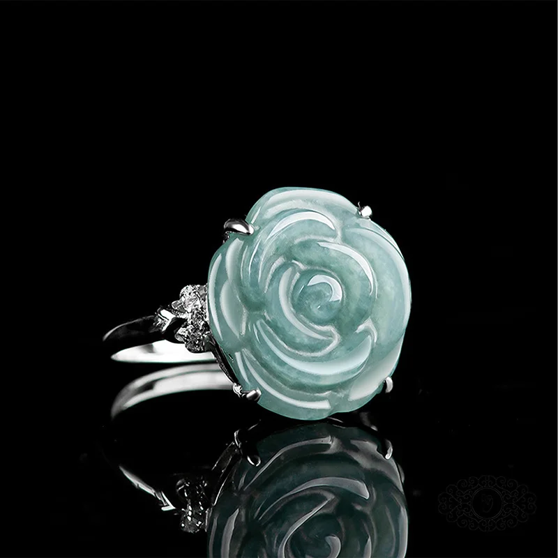

Natural A-Grade Blue Rose Jadeite Ring Set in S925 Sterling Silver Floral Design Elegant Love Gift Jewelry