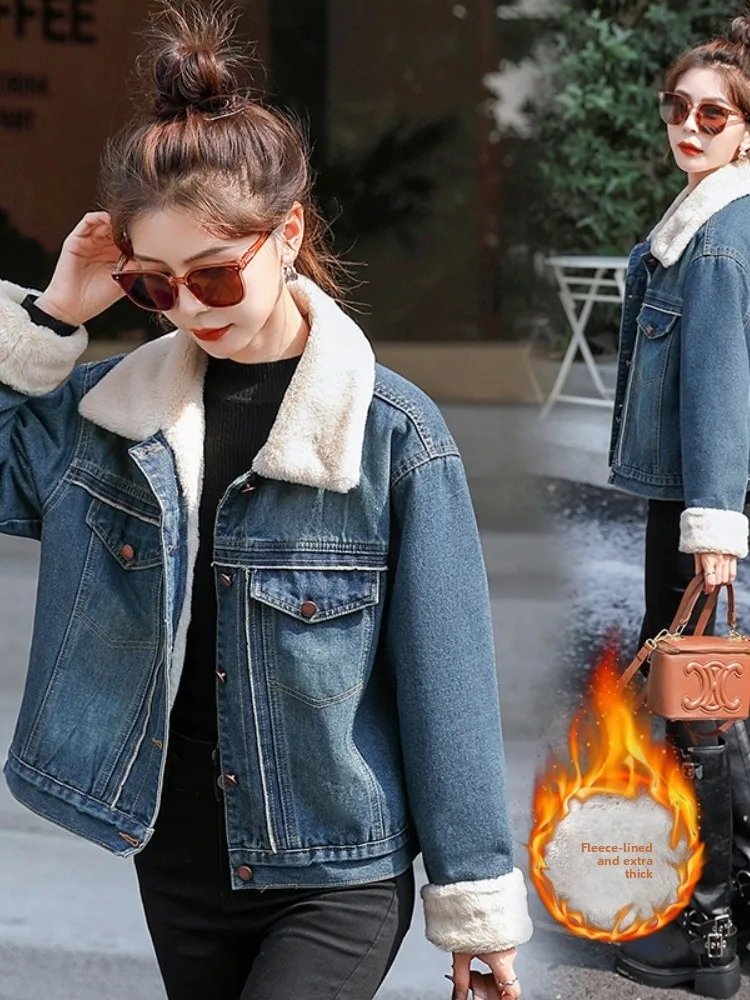 

Хлопковая джинсовая куртка с воротником из ягненка, женская зимняя новинка, теплая хлопковая одежда с индивидуальным дизайном на подкладке