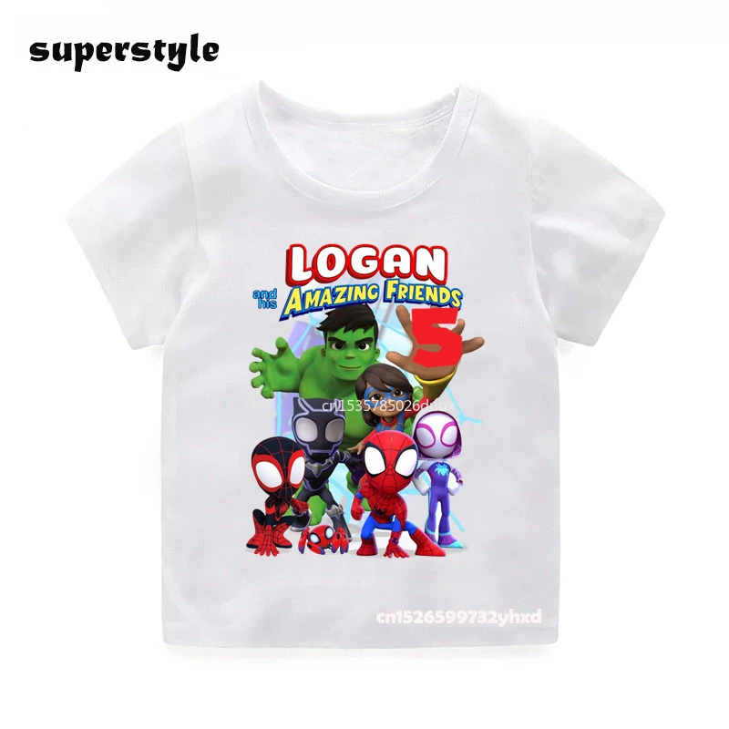 

New Summer SuperHero and Her Amazing Friends Short Sleeved Boy Birthday T-shirt The Avengers Personalize Name Birthday Kid Shirt