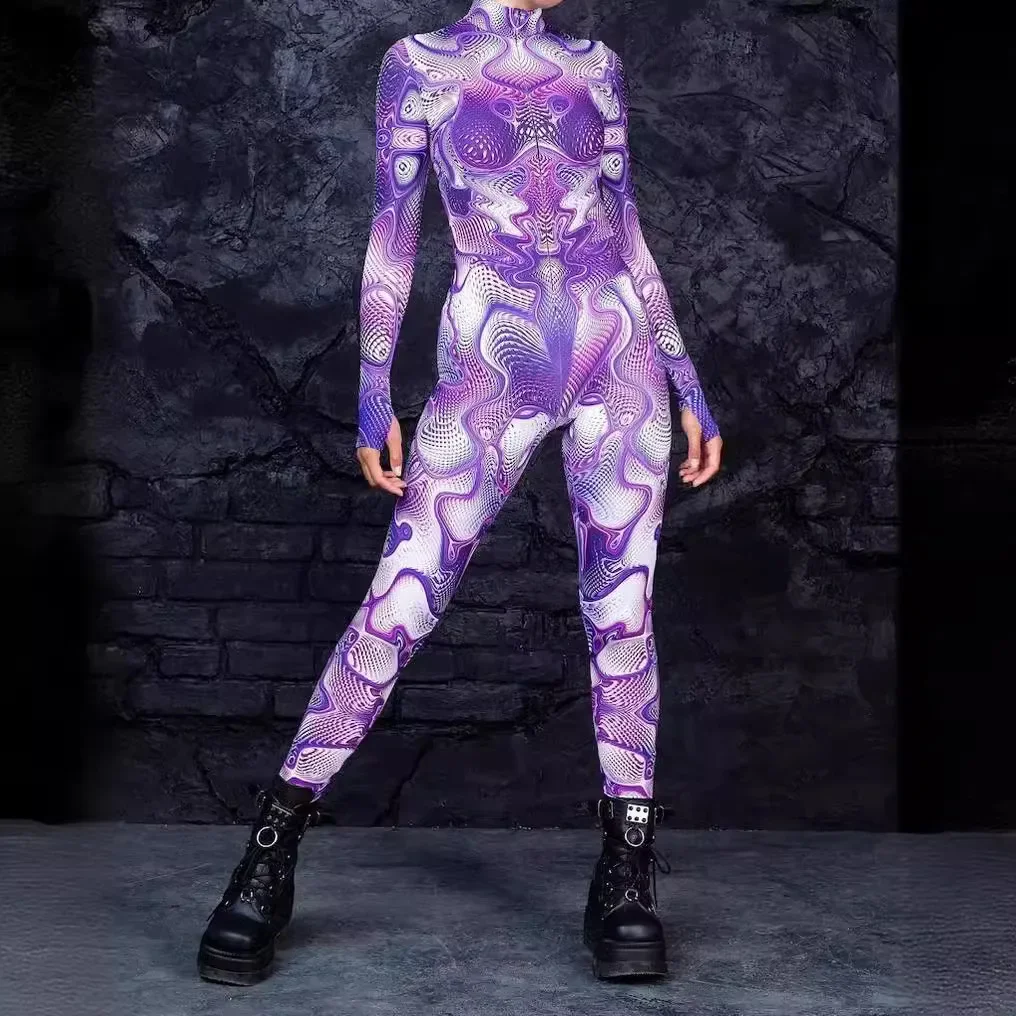 

Halloween Cosplay Costume Colorful 3D Printing Catsuit Women Holiday Party Punk Rainbow Jumpsuit Fashion Onesie Elastic Bodysuit