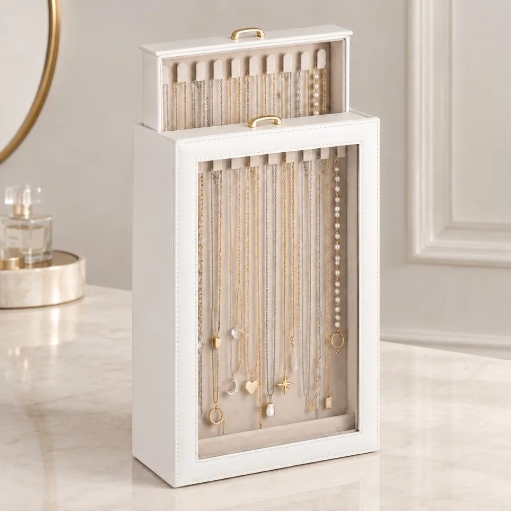 2 Layers Necklace Organizer Box Clear Window Large Capacity Jewelry Storage Case Vertical portable Necklace Organizer