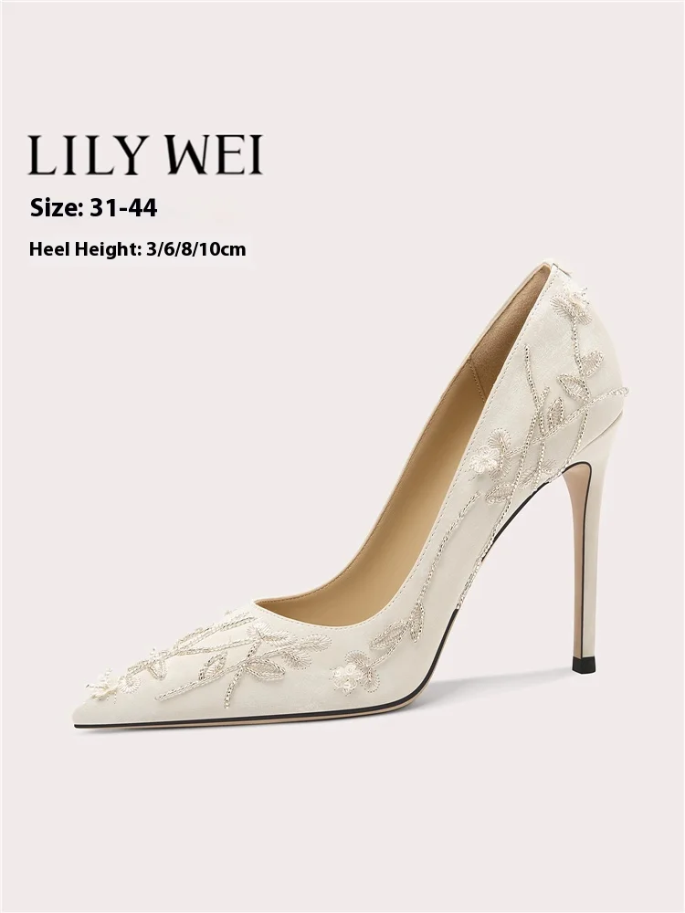 

High heels spring new pointed toe pearl beaded embroidery flower satin wedding shoes banquet large size small size women's shoes