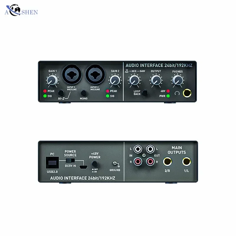 Audio-interface studio professionele geluidskaart digitale draagbare 48V microfoon opname geluidsinterface 2 kanaals