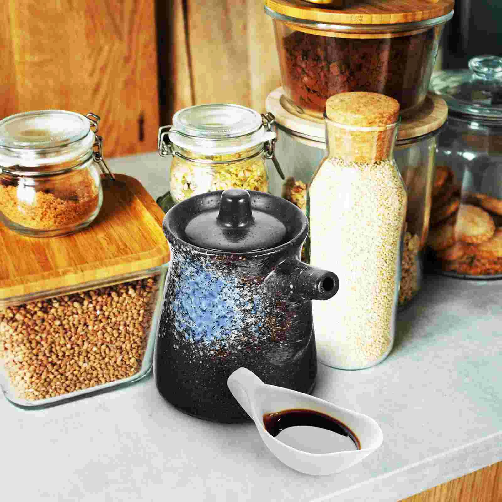 Soy Sauce Dispenser Bottle Seasoning Pot Peppers Holder Spices Vinegar Blue Ceramics Cooking Oil