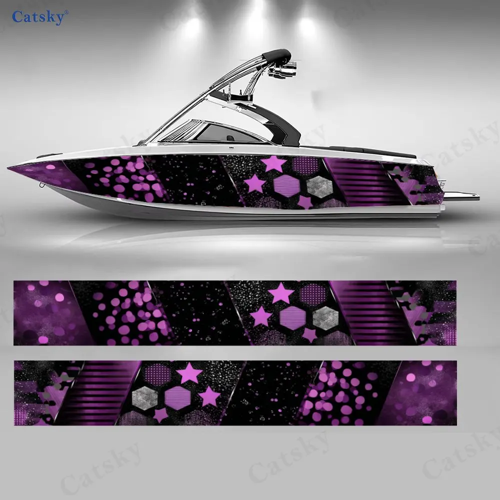 Purple Stars & Dots Party Boat Stickers, PVC Waterproof Durable Vinyl Wrap Decals for Fishing Boats, Durable and Stylish Design