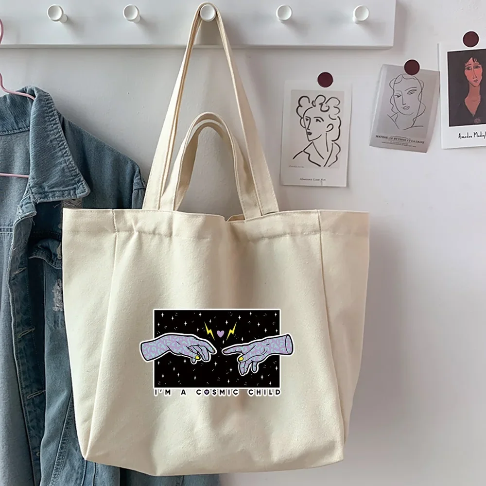 Women Canvas Shoulder Bag Hand Print Eco-Friendly Casual Handbag Tote Bag Reusable Large Capacity Shopping Beach Bag