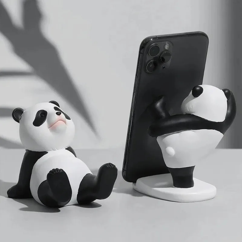 Panda Figurines for Interior Universal Cell Mobile Phone Stand Holder Modern Resin Sculpture Statue Home Office Desk Decor