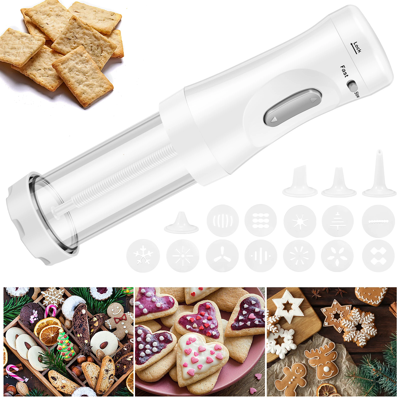 

Electric Cookies Press Battery Powered Cake Cookies Making Kit with 12 Discs and 4 Icing Tips, Cordless Cookies Press DIY Baking