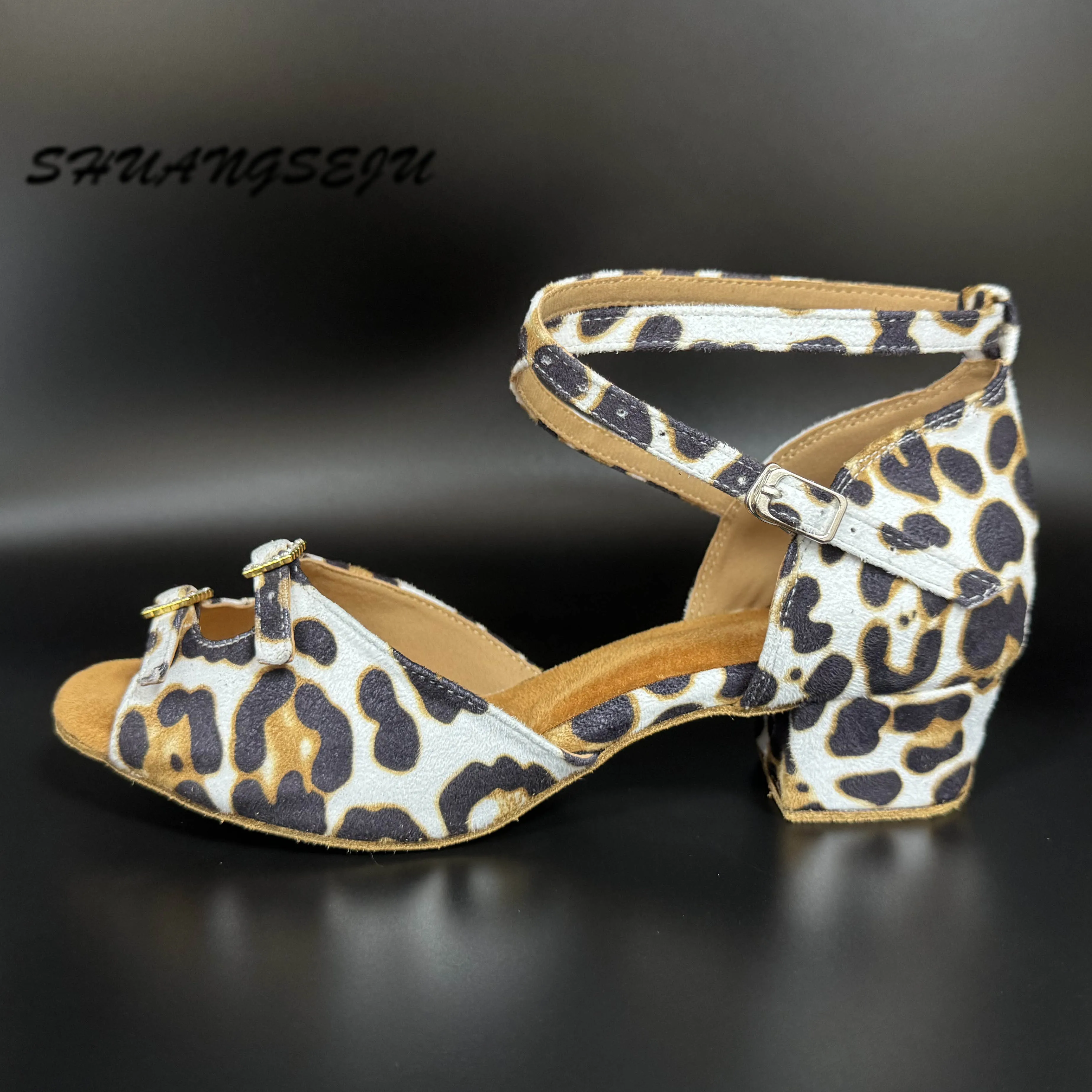 

SHUANGSEJU New leopard print sexy Latin dance shoes, suede professional standard salsa bachata cha-cha dance shoes with low heel